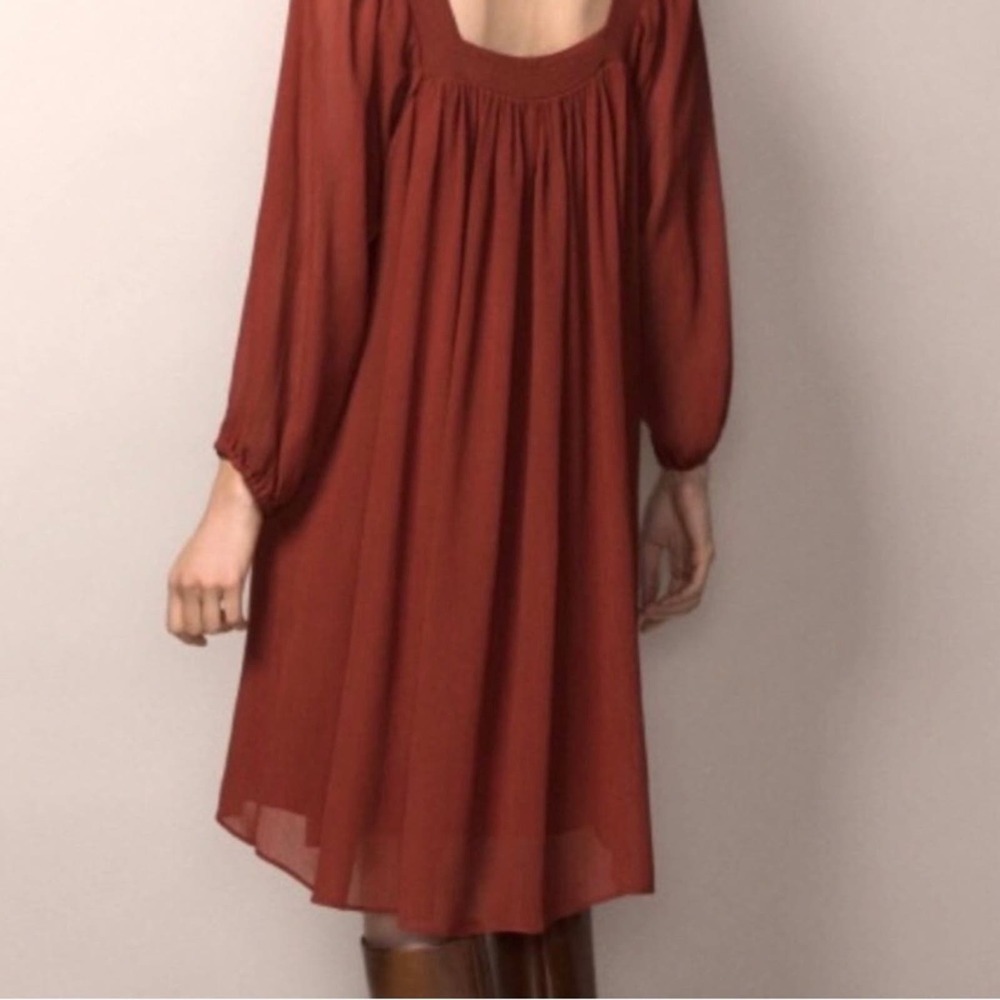 NWT Massimo Dutti Terra Cotta Fall Rust Orange Chiffon‎ Boho Long Sleeve Dress